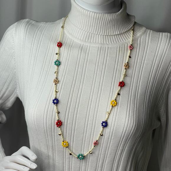 multi colored fun necklace with matching pierced stud earrings white red blue - Picture 10 of 16